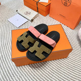 Hermès White Block Heel Sandals - Angled View