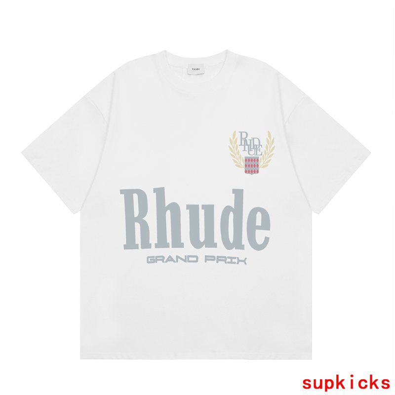 Close-up detail shot of Rhude luxury clothing with signature branding