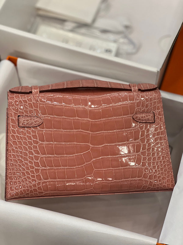 Side view of polished structured handbag