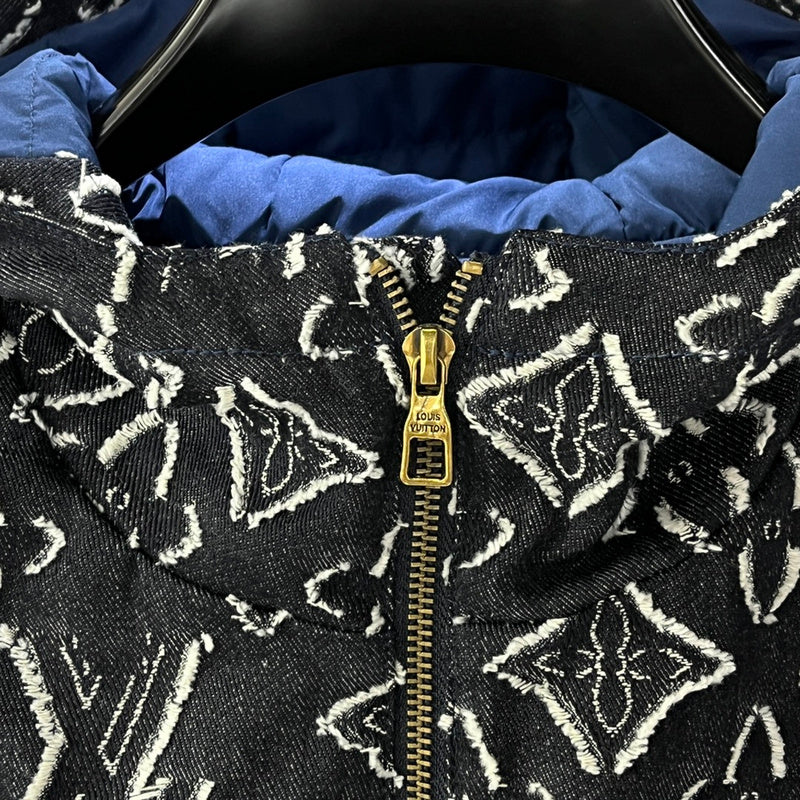 Close-up detail shot of Louis Vuitton luxury clothing with contemporary cut