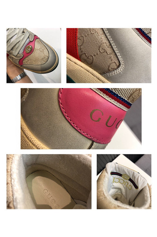 Side profile of Gucci neutral cream sneakers minimalist modern build