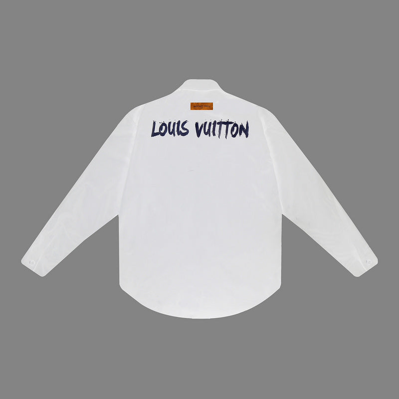 Close-up detail shot of Louis Vuitton luxury clothing with logo-detail design