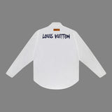 Close-up detail shot of Louis Vuitton luxury clothing with logo-detail design