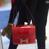 Side view of polished structured handbag