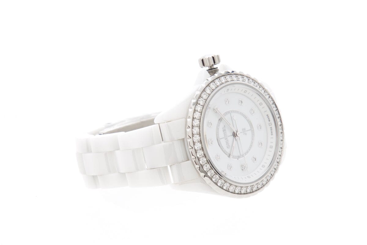 Side view of Chanel unisex white watch