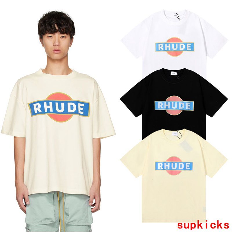 Front view of Rhude luxury clothing with label-forward styling