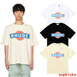 Front view of Rhude luxury clothing with label-forward styling