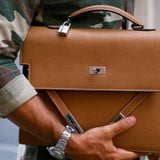 Side view of poised structured handbag