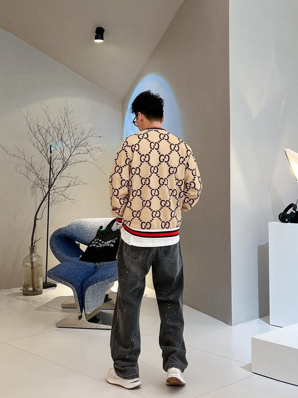 Side profile of Gucci luxury clothing with logo-detail design