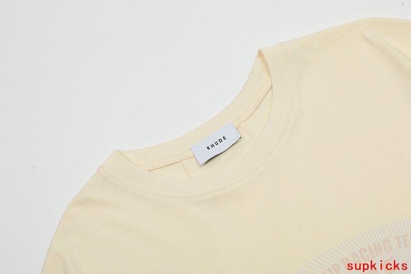 Close-up detail shot of Rhude luxury clothing with logo-detail design