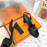 Hermès Grey Block Heel Sandals - Close-Up Texture View