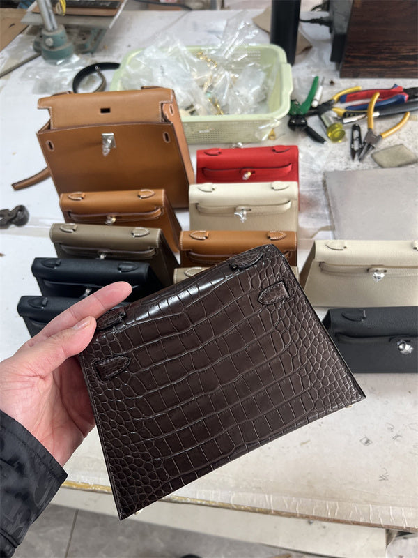 Side view of polished structured handbag