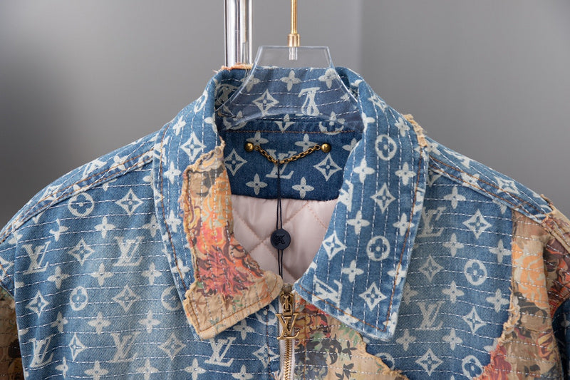Close-up detail shot of Louis Vuitton luxury clothing with logo-detail design
