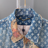 Close-up detail shot of Louis Vuitton luxury clothing with logo-detail design
