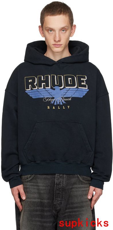 Front view of Rhude luxury clothing with signature branding