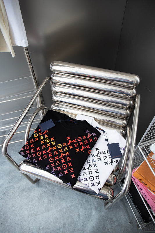 Close-up detail shot of Louis Vuitton cotton t-shirt with signature branding