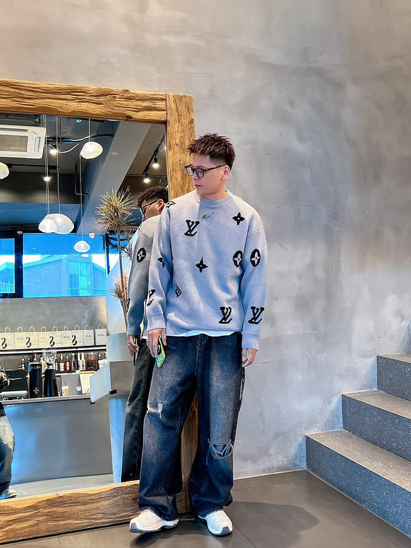 Front view of Louis Vuitton luxury clothing with monogram-inspired silhouette