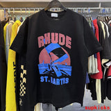 Flat lay presentation of Rhude luxury clothing with relaxed-fit cut