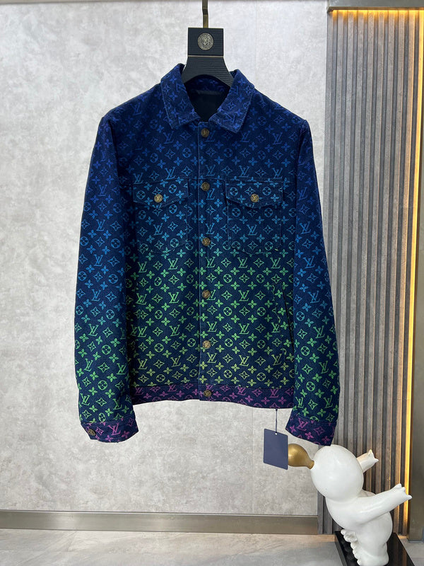 Front view of Louis Vuitton luxury clothing with label-forward styling