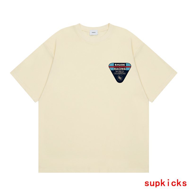 Side profile of Rhude luxury clothing with signature branding