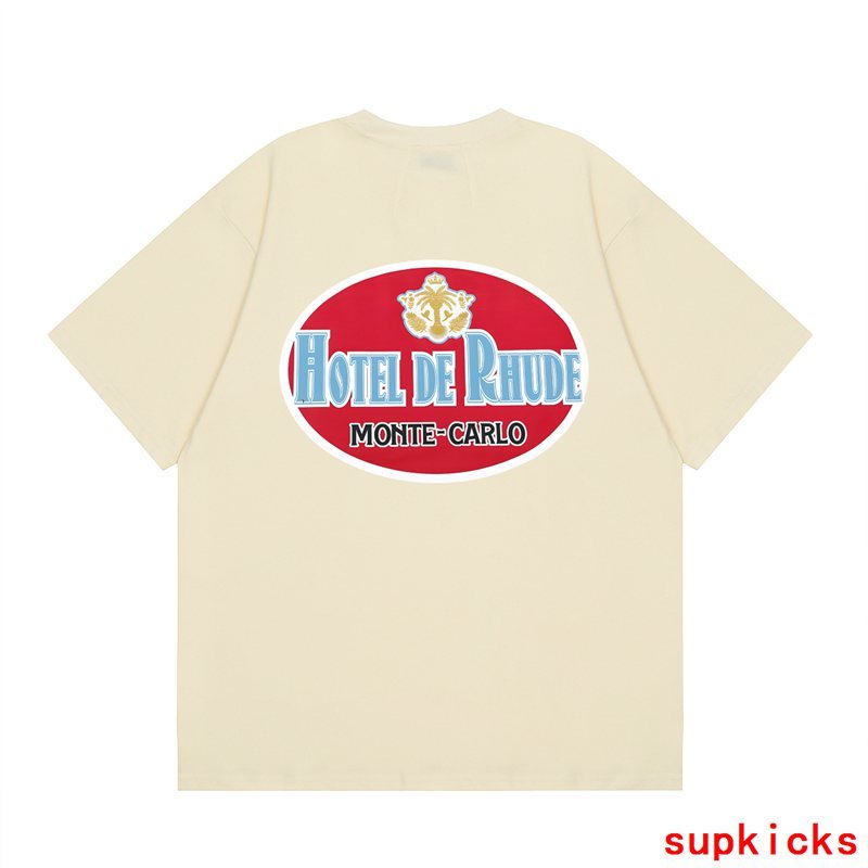 Side profile of Rhude luxury clothing with logo-detail design