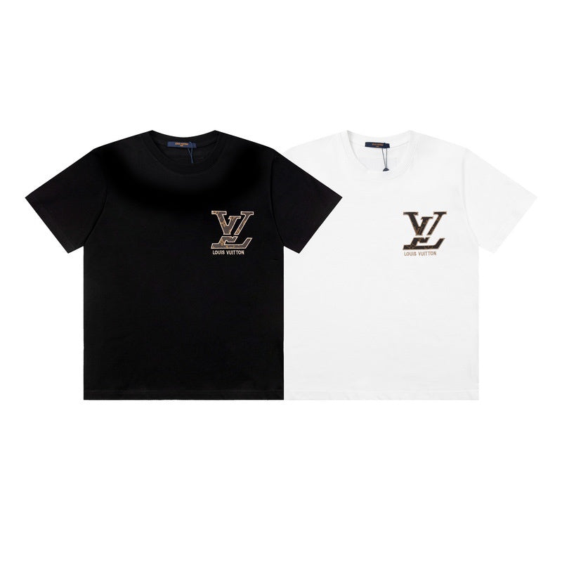 Close-up detail shot of Louis Vuitton cotton t-shirt with logo-detail design