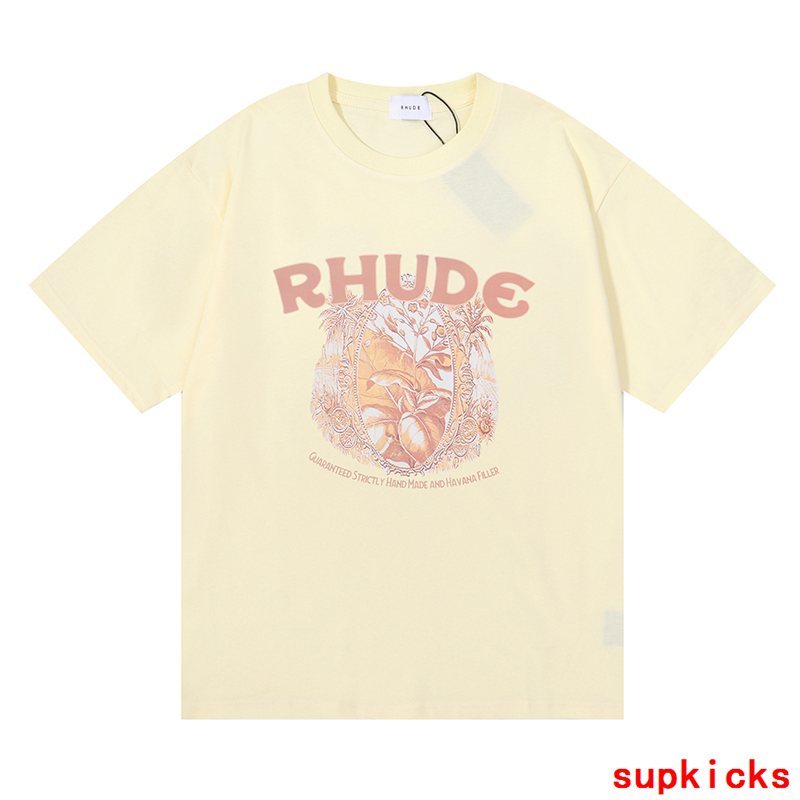 Flat lay presentation of Rhude luxury clothing with label-forward styling