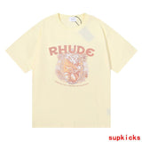 Flat lay presentation of Rhude luxury clothing with label-forward styling