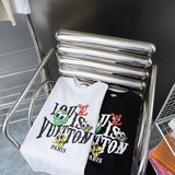 Close-up detail shot of Louis Vuitton cotton t-shirt with signature branding