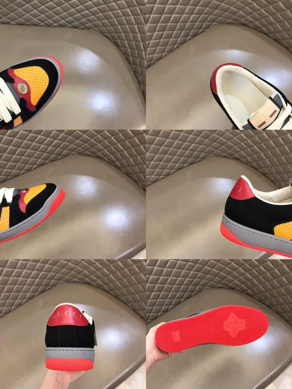 Side profile of Gucci crisp white sneakers retro runner design