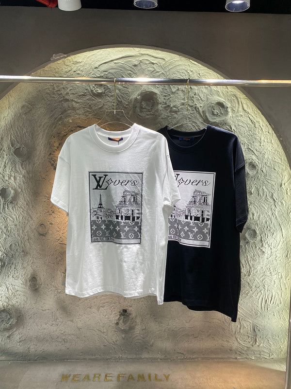 Close-up detail shot of Louis Vuitton cotton t-shirt with runway-inspired design
