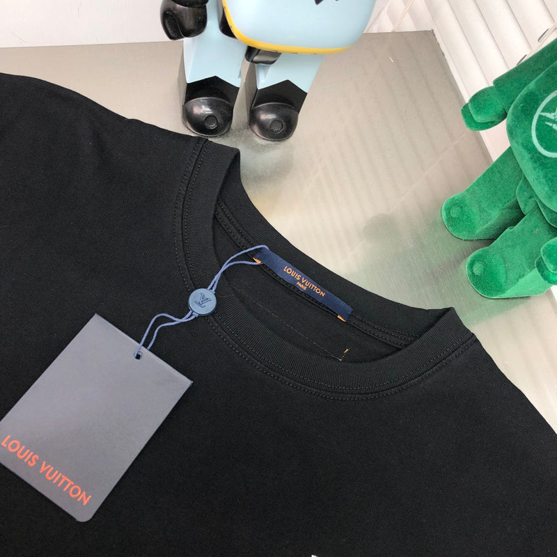 Close-up detail shot of Louis Vuitton cotton t-shirt with monogram-inspired silhouette