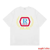 Front view of Rhude luxury clothing with signature branding