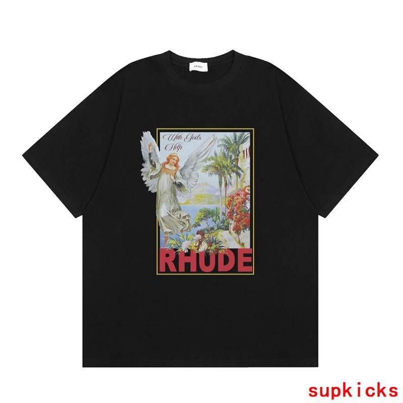 Close-up detail shot of Rhude luxury clothing with logo-detail design