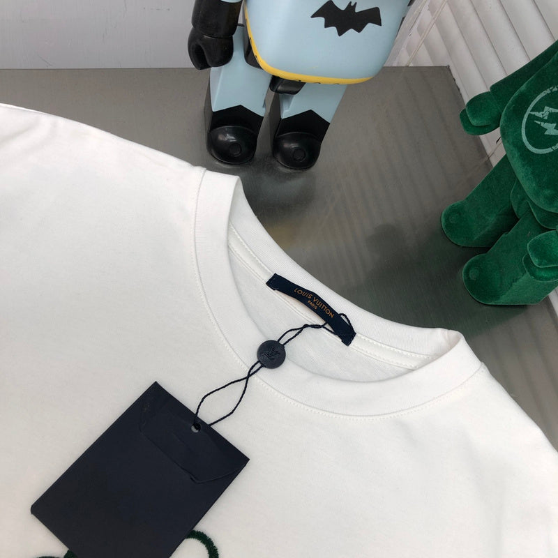 Close-up detail shot of Louis Vuitton cotton t-shirt with logo-detail design