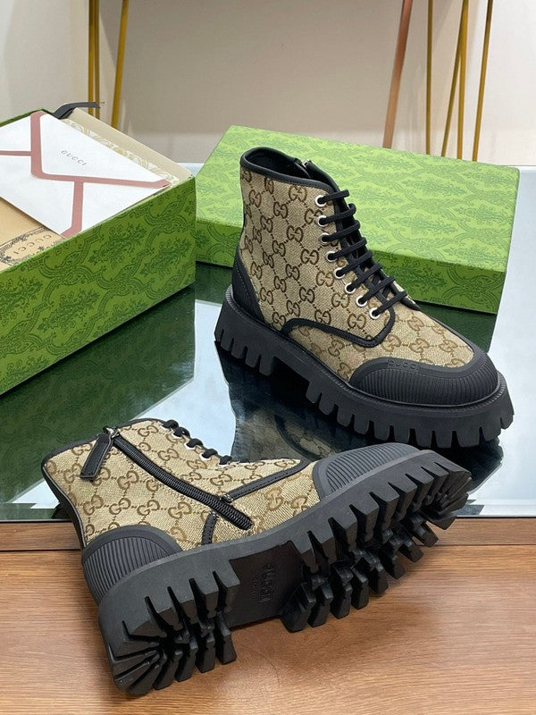 Side profile of Gucci all-black sneakers retro runner design