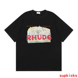 Close-up detail shot of Rhude luxury clothing with contemporary cut