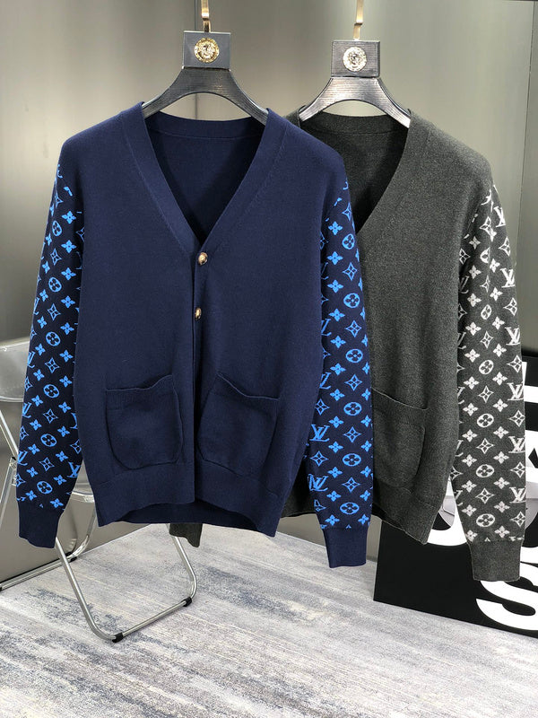 Close-up detail shot of Louis Vuitton luxury clothing with signature branding
