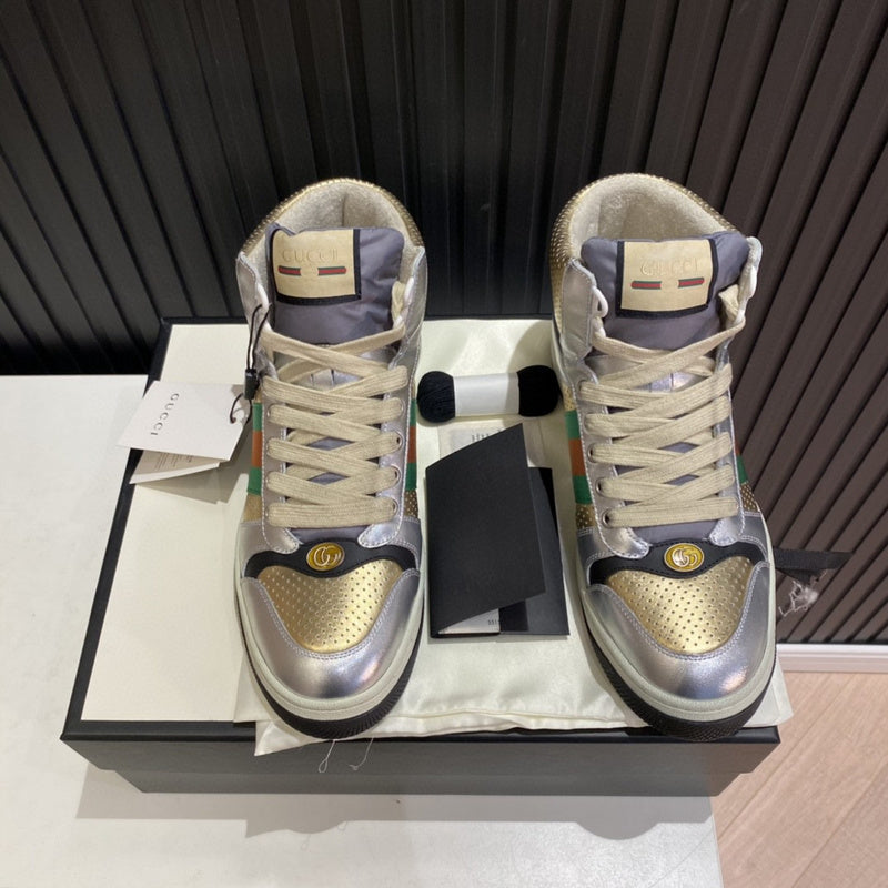 Side profile of Gucci bold contrast sneakers signature lace-up style