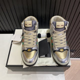 Side profile of Gucci bold contrast sneakers signature lace-up style