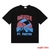 Side profile of Rhude luxury clothing with tailored silhouette