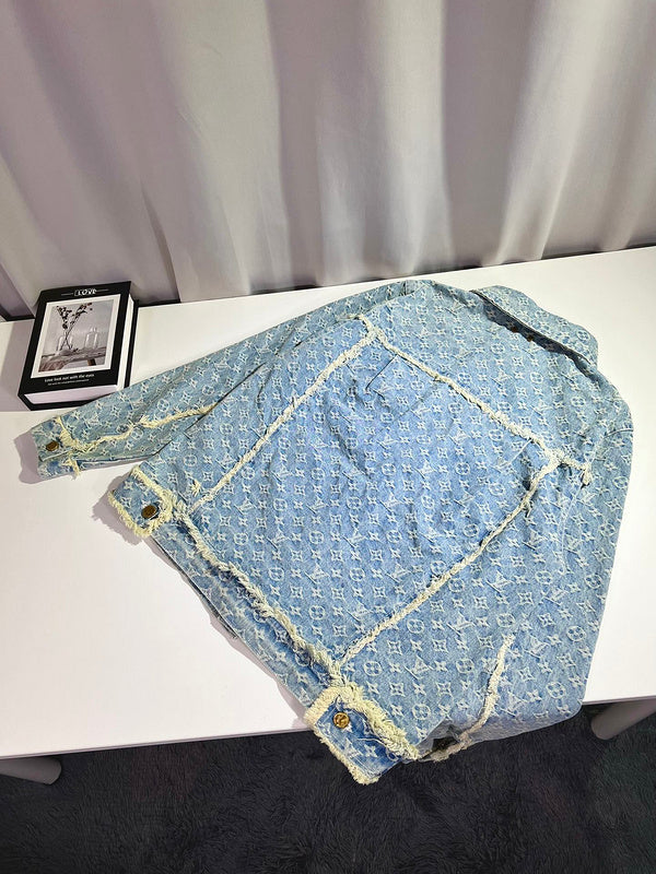 Front view of Louis Vuitton luxury clothing with signature branding