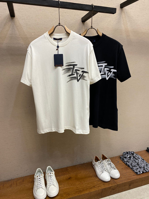 Close-up detail shot of Louis Vuitton cotton t-shirt with signature branding