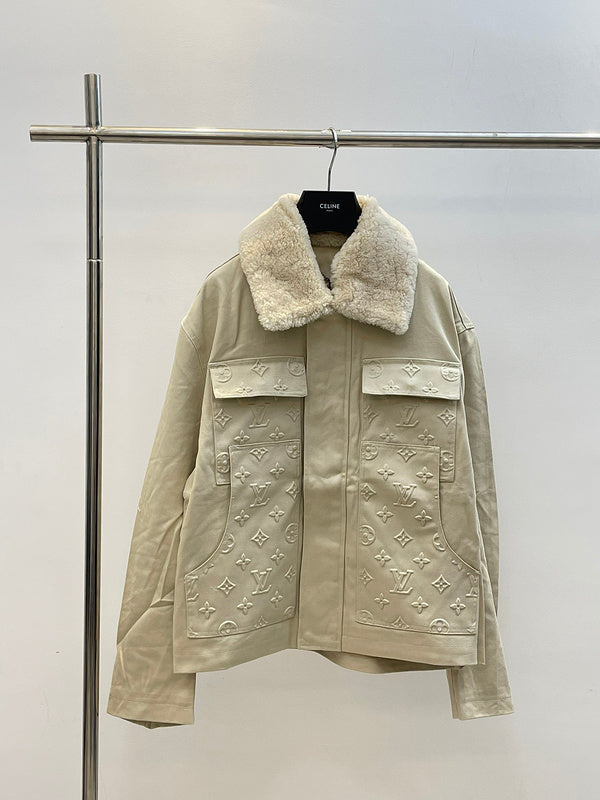 Front view of Louis Vuitton luxury clothing with monogram-inspired silhouette