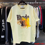 Close-up detail shot of Rhude luxury clothing with runway-inspired design