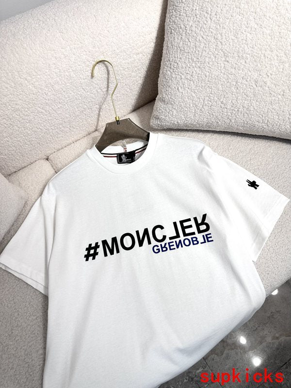 Side profile of Moncler luxury clothing with signature branding
