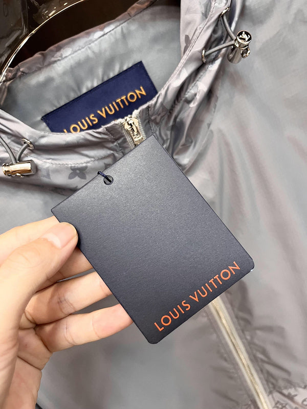 Back view of Louis Vuitton luxury clothing with label-forward styling