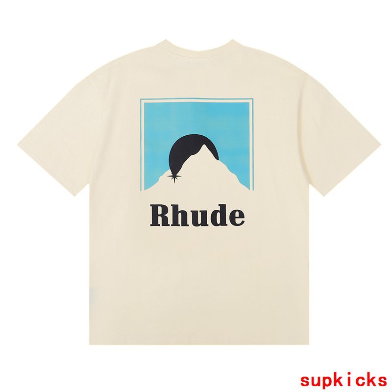 Flat lay presentation of Rhude luxury clothing with contemporary cut