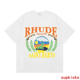 Front view of Rhude luxury clothing with tailored silhouette