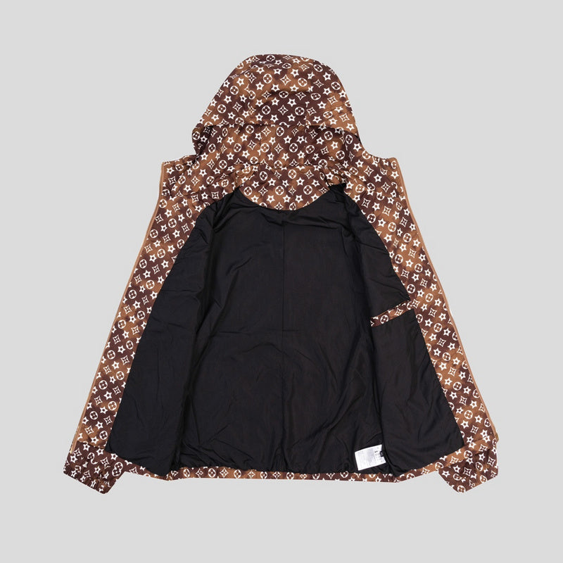 Close-up detail shot of Louis Vuitton luxury clothing with logo-detail design